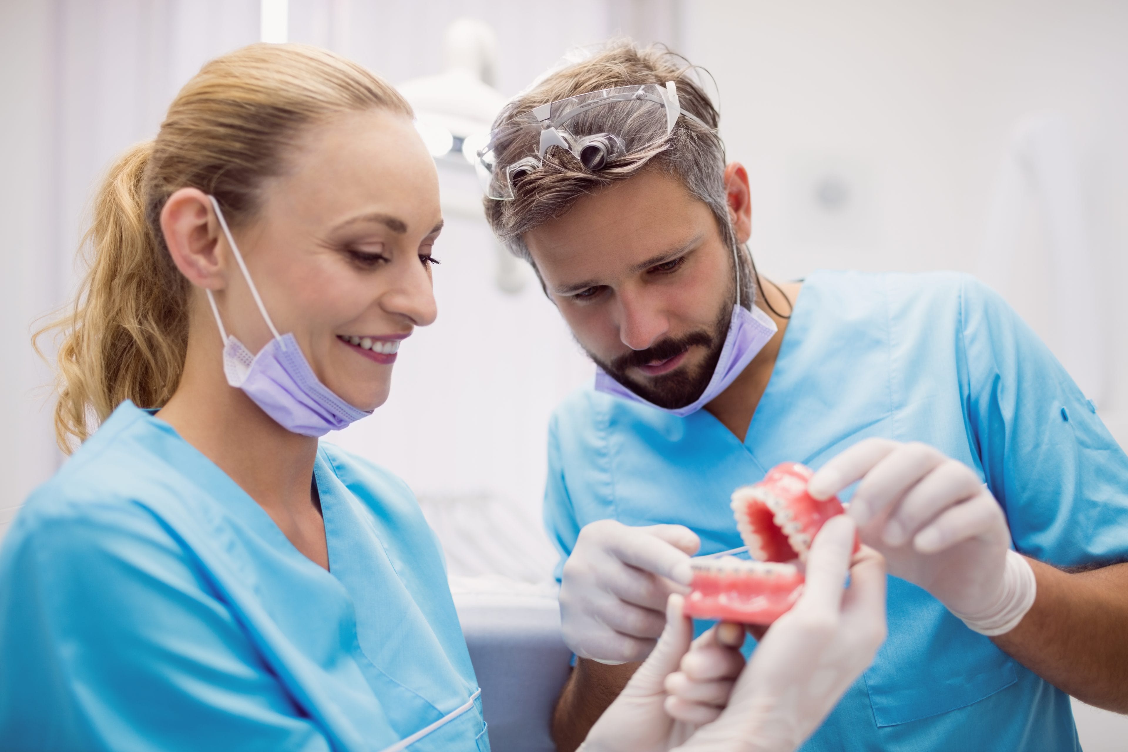 dentists having discussion teeth model